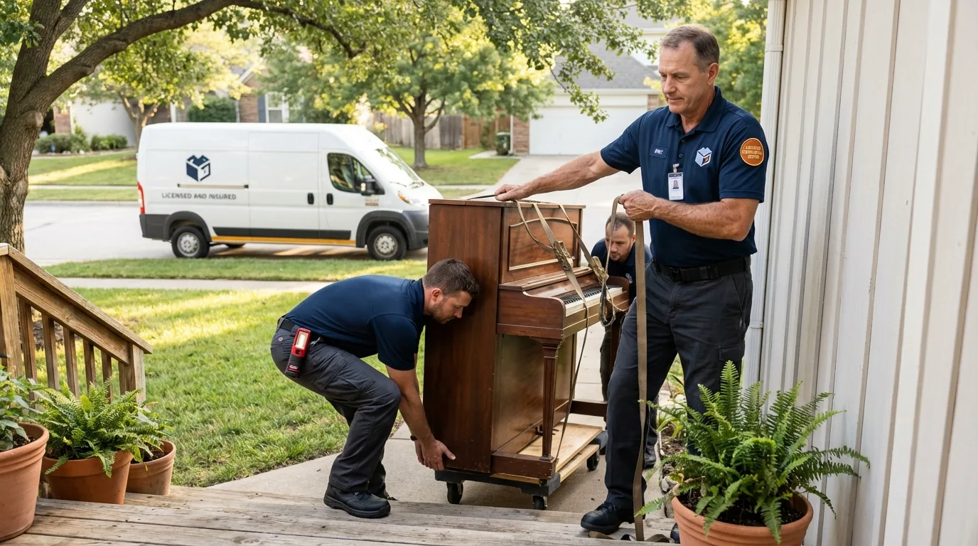 Licensed piano movers securing grand piano in Rosebud, TX