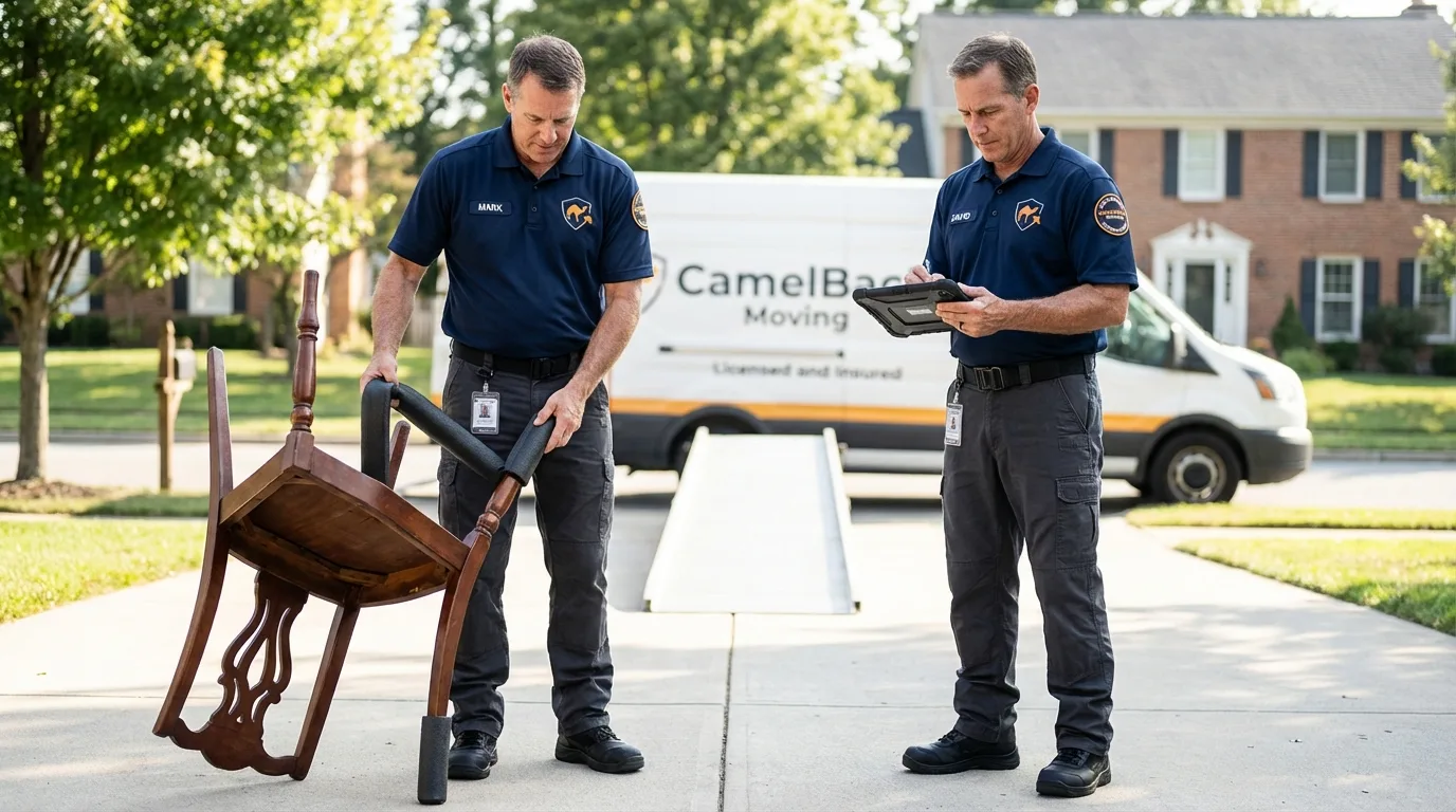 Movers inspecting furniture for damage prevention before loading in Rosebud, TX